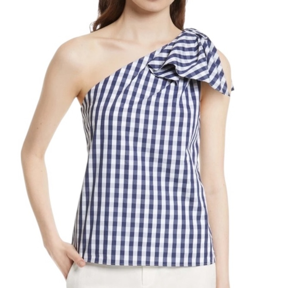 MILLY Cindy Navy Blue & White Gingham Print Bow Detail One Shoulder Top - XS